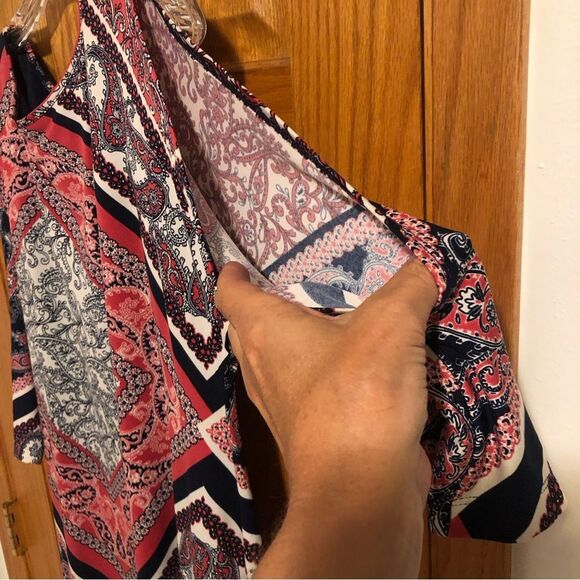 Ronni Nicole Women’s Size 10 Open Shoulder 3/4 Slv Lined Navy Printed Dress - Picture 6 of 16